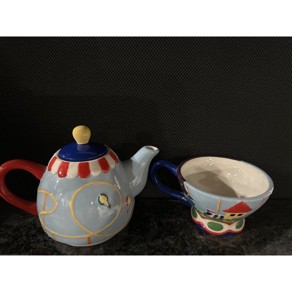 Vintage Carnival-Themed Ceramic Teapot Red Handle & Matching Cup Hand-Painted